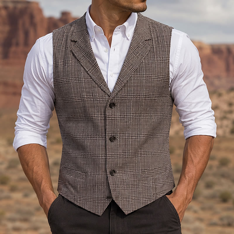 Gilet da completo con scollo a V a quadri e colletto a revers in stile britannico. - Caffè - 2XL - image 4