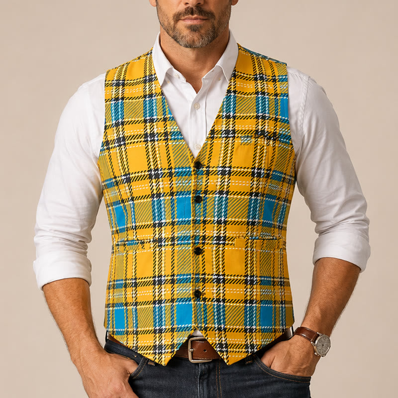 Gilet da smoking preppy con scollo a V color giallo senape - image 1