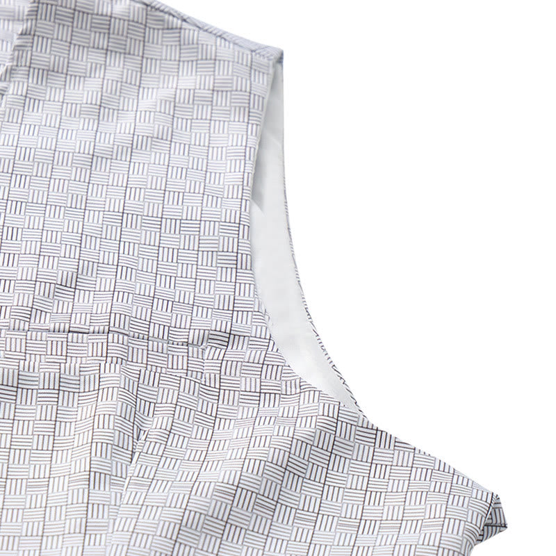 Gilet minimalista con scollo a V e motivo a griglia grigio argento. - image 7