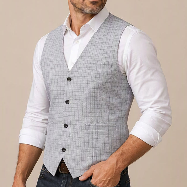 Gilet minimalista con scollo a V e motivo a griglia grigio argento. - image 3