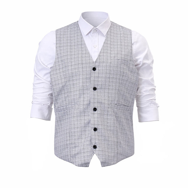 Gilet minimalista con scollo a V e motivo a griglia grigio argento. - image 10