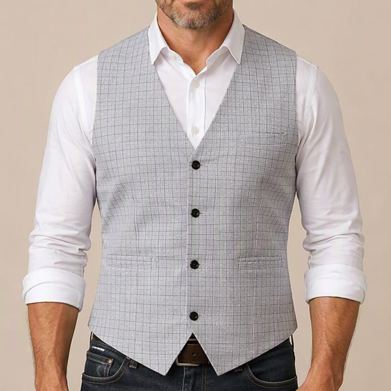 Gilet minimalista con scollo a V e motivo a griglia grigio argento. - image 1