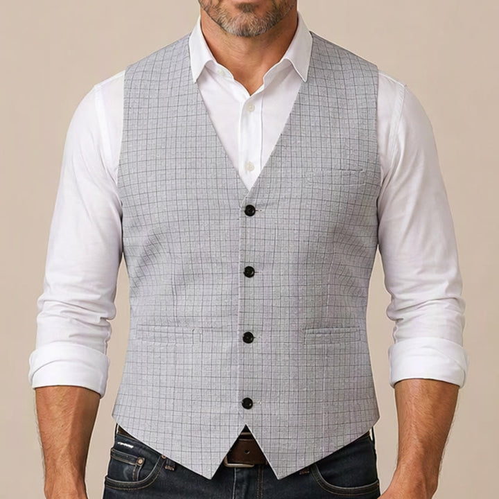Gilet minimalista con scollo a V e motivo a griglia grigio argento. - image 1