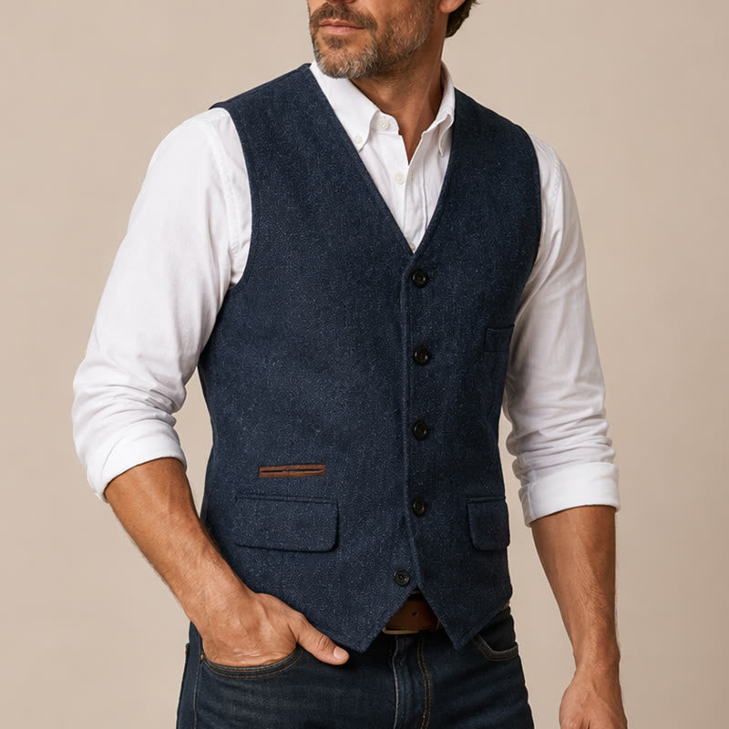 Gilet da uomo classico in tweed stile western con motivo a spina di pesce - image 3