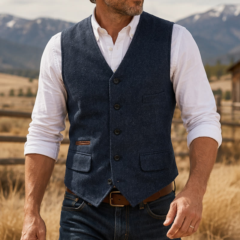 Gilet da uomo classico in tweed stile western con motivo a spina di pesce - Marina - 3XL - image 0