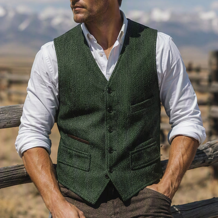 Gilet da uomo classico in tweed stile western con motivo a spina di pesce - Verde scuro - 3XL - image 4