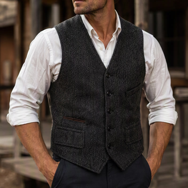 Gilet da uomo classico in tweed stile western con motivo a spina di pesce - Nero - 3XL - image 5