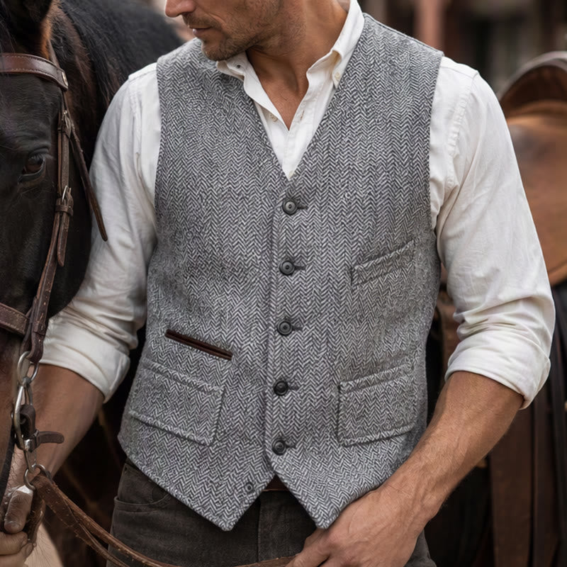 Gilet da uomo classico in tweed stile western con motivo a spina di pesce - Grigio chiaro - 3XL - image 7