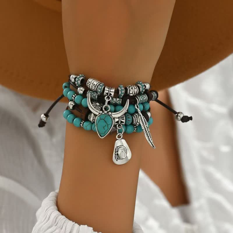 Bracciale multistrato regolabile con ciondoli in stile boho western e turchese - image 1
