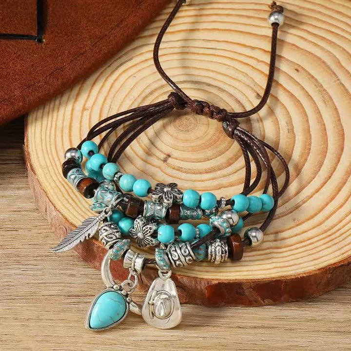 Bracciale multistrato regolabile con ciondoli in stile boho western e turchese - Turchese - image 0