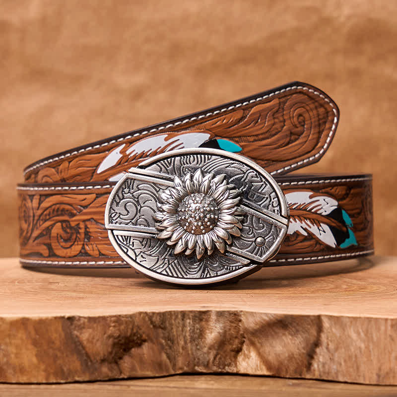 Cintura in pelle con coltello pieghevole nascosto a forma di girasole fai da te da uomo - Girasole - Cintura di piume marroni - 40 - image 11