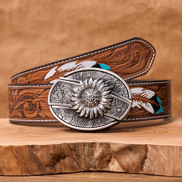 Cintura in pelle con coltello pieghevole nascosto a forma di girasole fai da te da uomo - Girasole - Cintura di piume marroni - 40 - image 11