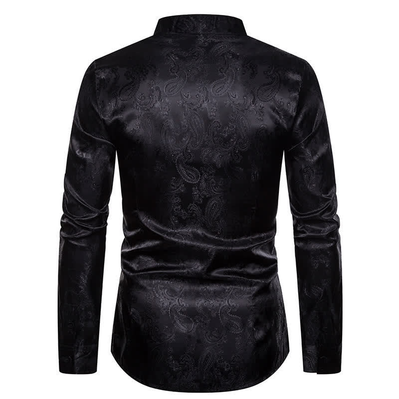 Camicia da uomo a maniche lunghe con colletto alla coreana e colletto alto in raso jacquard scuro con motivo a rose. - image 12