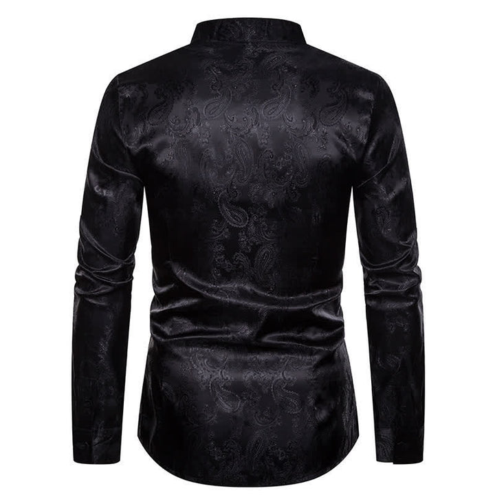 Camicia da uomo a maniche lunghe con colletto alla coreana e colletto alto in raso jacquard scuro con motivo a rose. - image 12