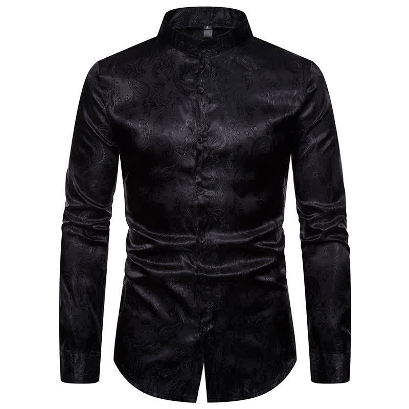 Camicia da uomo a maniche lunghe con colletto alla coreana e colletto alto in raso jacquard scuro con motivo a rose. - Nero - 2XL - image 11