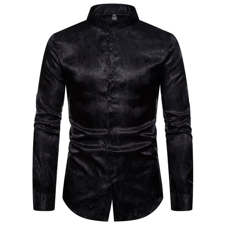 Camicia da uomo a maniche lunghe con colletto alla coreana e colletto alto in raso jacquard scuro con motivo a rose. - Nero - 2XL - image 11