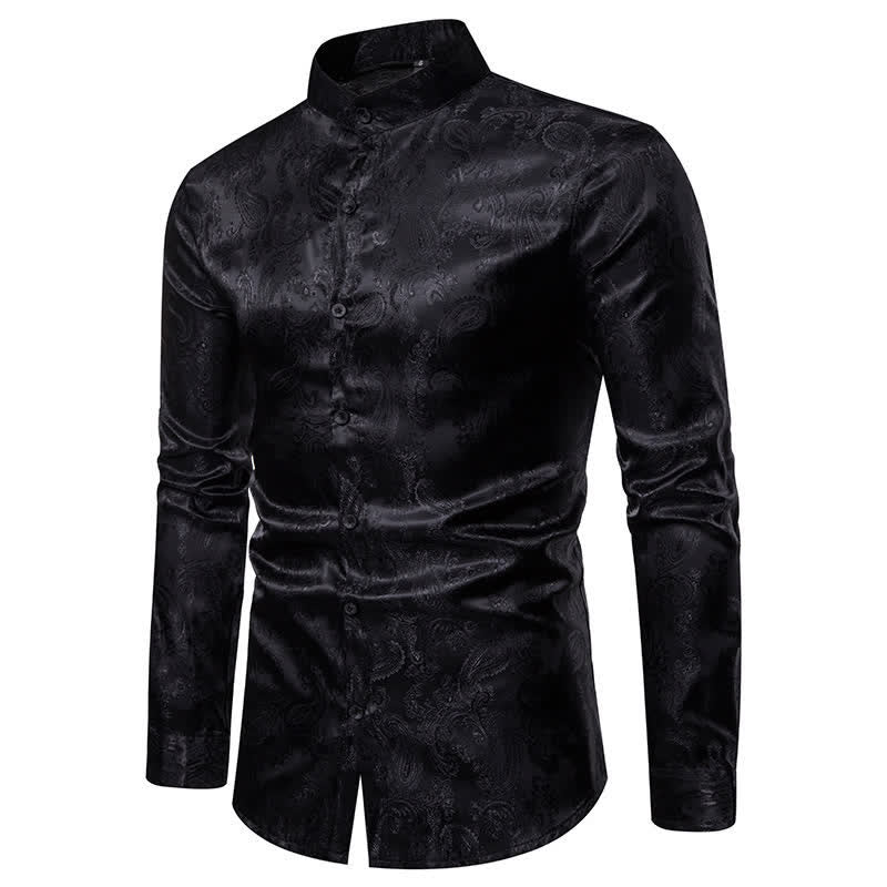 Camicia da uomo a maniche lunghe con colletto alla coreana e colletto alto in raso jacquard scuro con motivo a rose. - image 13