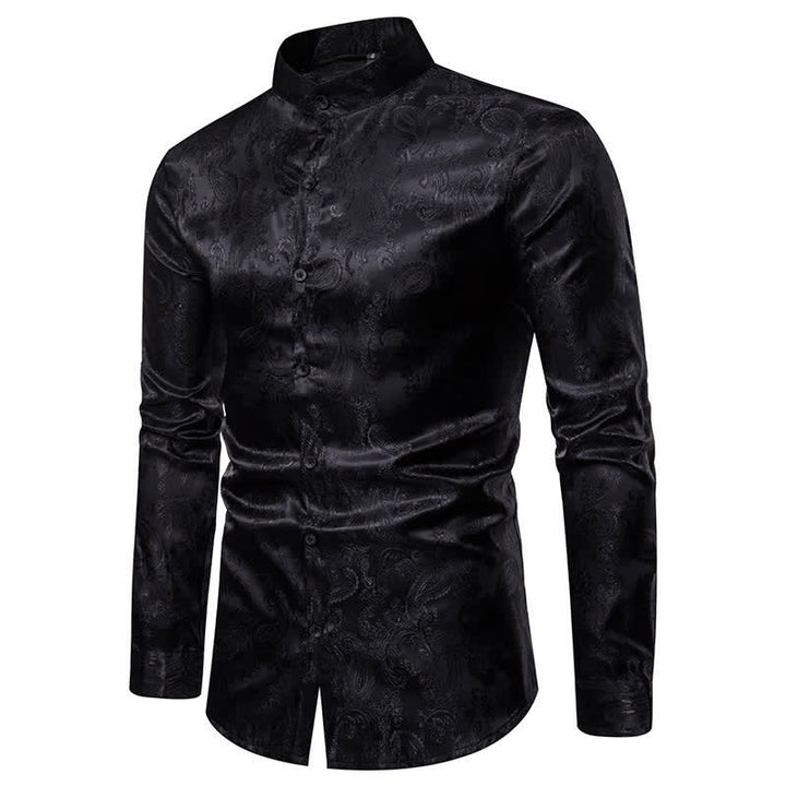 Camicia da uomo a maniche lunghe con colletto alla coreana e colletto alto in raso jacquard scuro con motivo a rose. - image 13