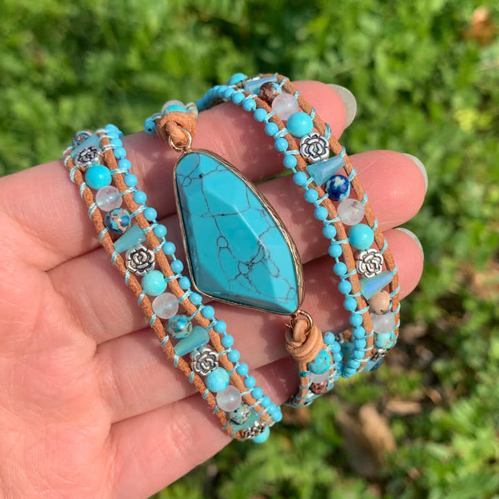 Bracciale triangolare in pelle turchese a più giri - image 1