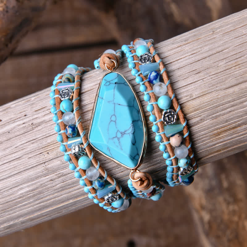 Bracciale triangolare in pelle turchese a più giri - image 3