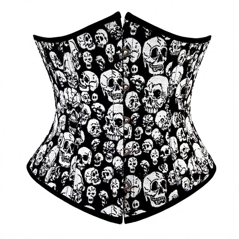 Corsetto da donna gotico con stampa di teschi, elastico in vita e chiusura frontale, ideale per Halloween e cosplay punk. - image 1