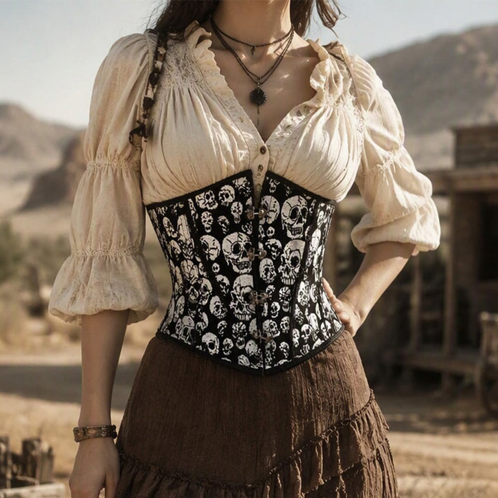 Corsetto da donna gotico con stampa di teschi, elastico in vita e chiusura frontale, ideale per Halloween e cosplay punk. - image 0