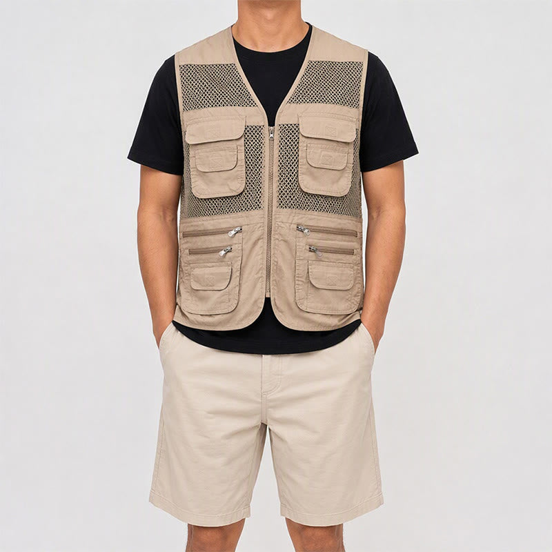 Gilet da uomo in puro cotone, con cerniera, in tessuto a rete, adatto a tutte le stagioni. - image 1