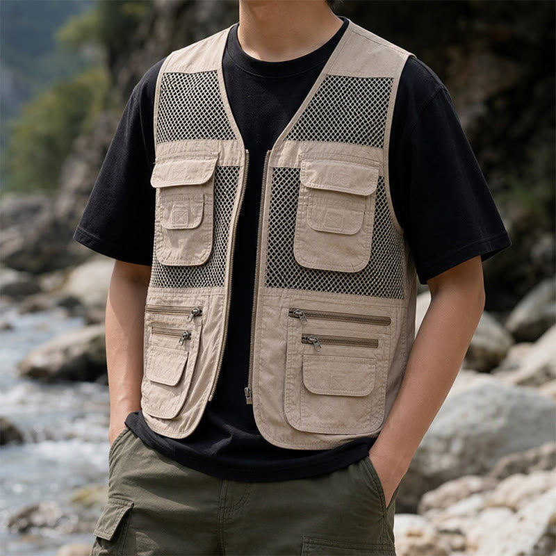 Gilet da uomo in puro cotone, con cerniera, in tessuto a rete, adatto a tutte le stagioni. - Cachi - 7XL - image 0