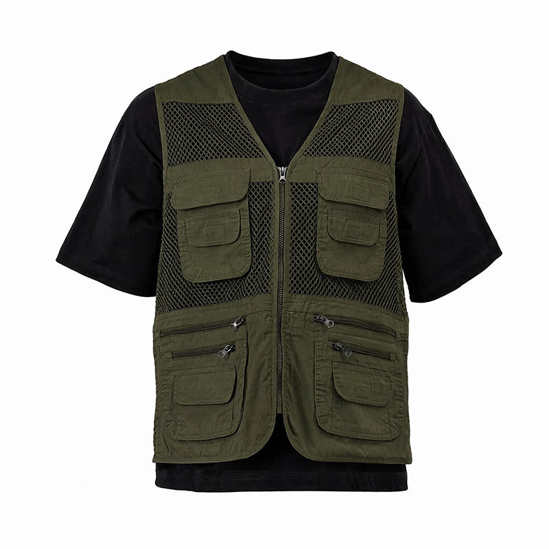 Gilet da uomo in puro cotone, con cerniera, in tessuto a rete, adatto a tutte le stagioni. - Verde militare chiaro - 7XL - image 12