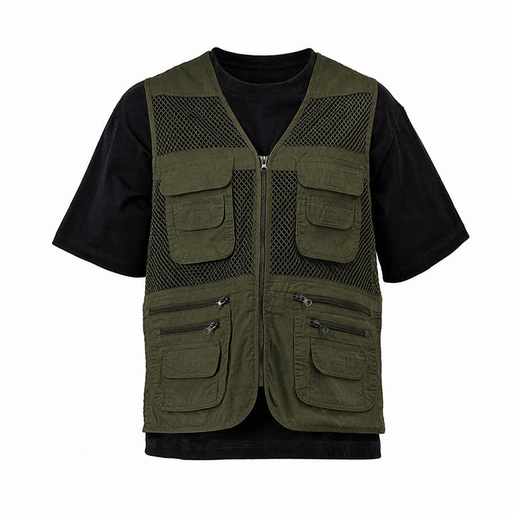 Gilet da uomo in puro cotone, con cerniera, in tessuto a rete, adatto a tutte le stagioni. - Verde militare chiaro - 7XL - image 12