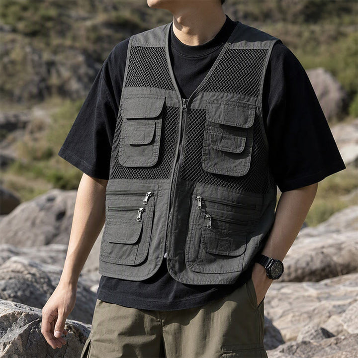 Gilet da uomo in puro cotone, con cerniera, in tessuto a rete, adatto a tutte le stagioni. - Verde militare grigio scuro - 7XL - image 4
