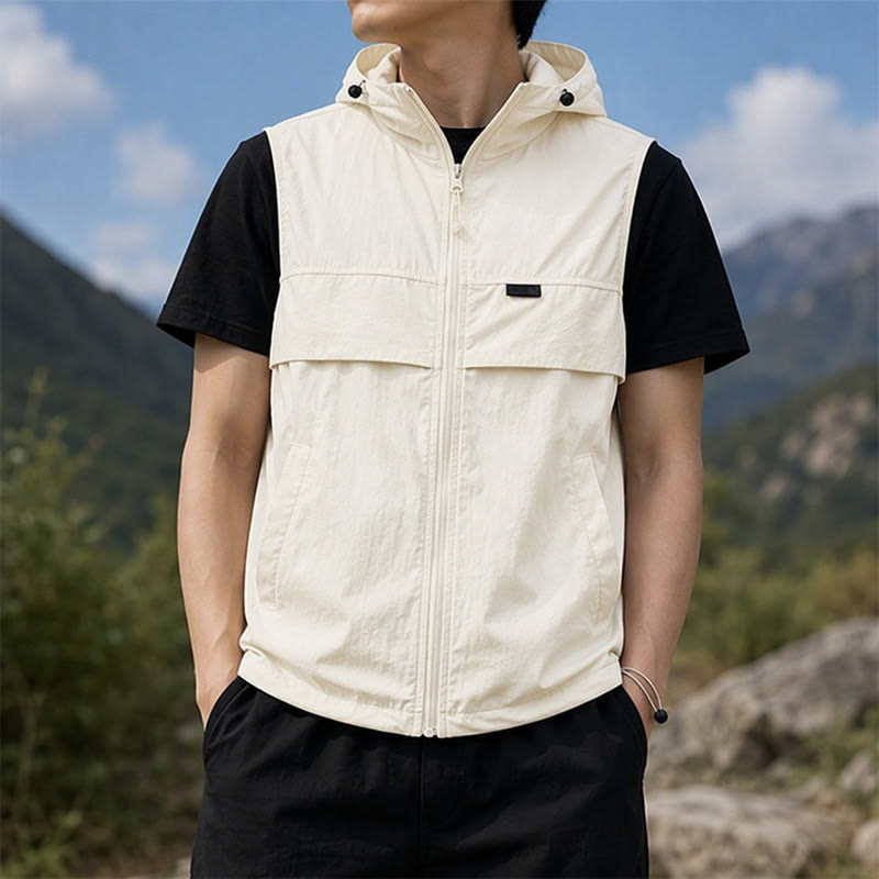 Gilet sportivo da uomo traspirante con cappuccio e protezione solare per attività all'aperto. - Albicocca - 3XL - image 9