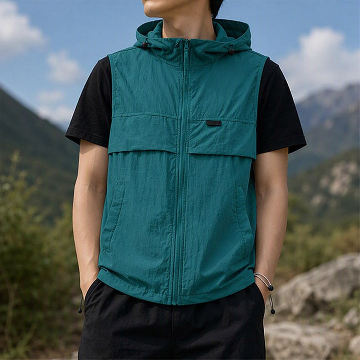 Gilet sportivo da uomo traspirante con cappuccio e protezione solare per attività all'aperto. - Verde turchese - 3XL - image 6