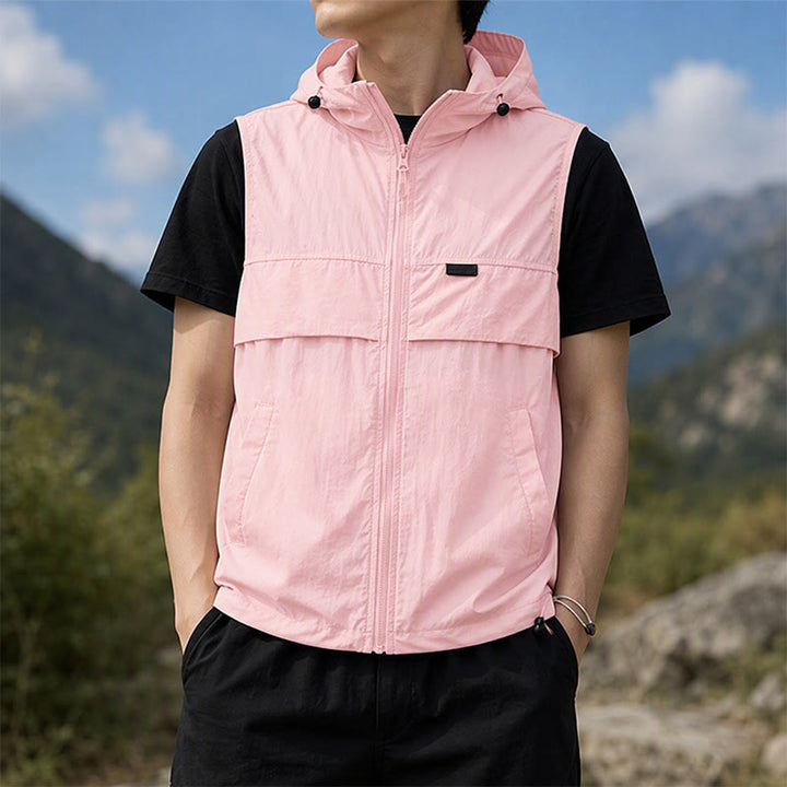 Gilet sportivo da uomo traspirante con cappuccio e protezione solare per attività all'aperto. - Nebbia di ghiaccio rosa - 3XL - image 8