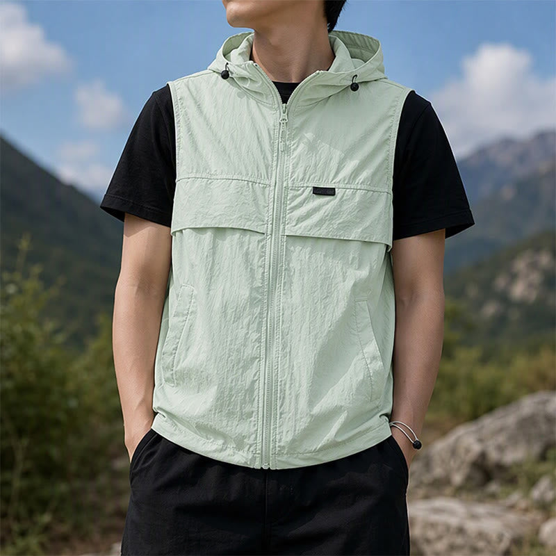 Gilet sportivo da uomo traspirante con cappuccio e protezione solare per attività all'aperto. - Pasta di fagioli verde - 3XL - image 5