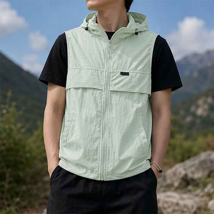 Gilet sportivo da uomo traspirante con cappuccio e protezione solare per attività all'aperto. - Pasta di fagioli verde - 3XL - image 5