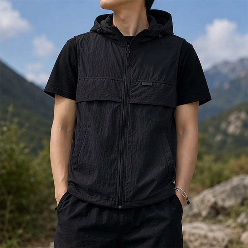 Gilet sportivo da uomo traspirante con cappuccio e protezione solare per attività all'aperto. - Nero - 3XL - image 7