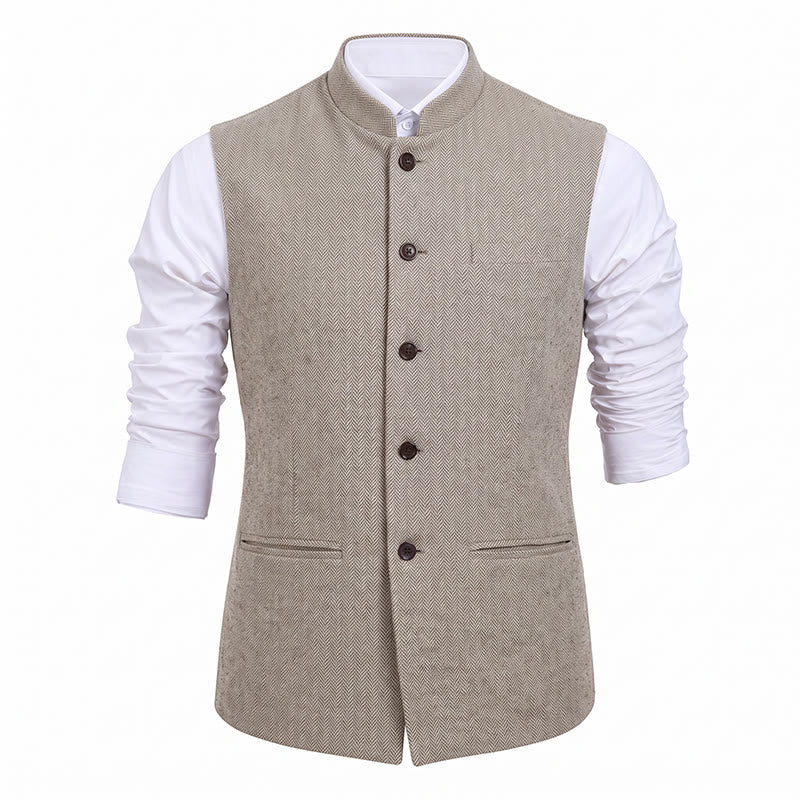Gilet da uomo in tweed a spina di pesce con colletto alla coreana - image 32