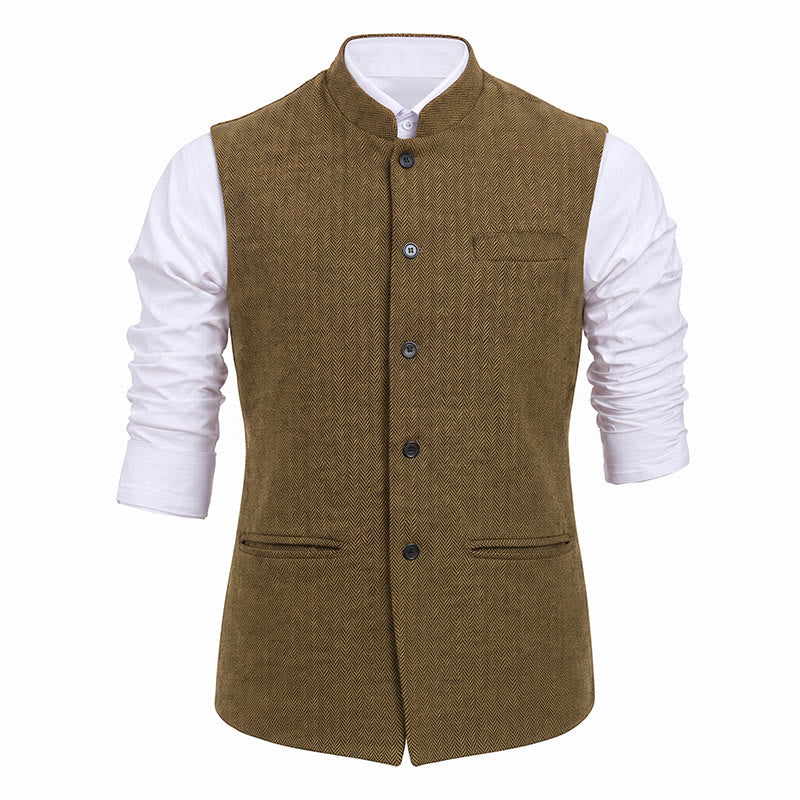 Gilet da uomo in tweed a spina di pesce con colletto alla coreana - image 30