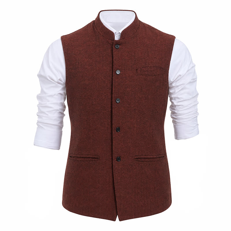 Gilet da uomo in tweed a spina di pesce con colletto alla coreana - image 17