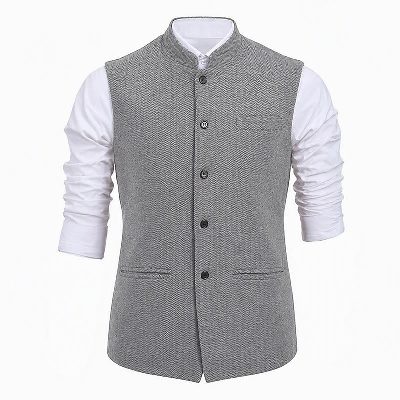 Gilet da uomo in tweed a spina di pesce con colletto alla coreana - image 20