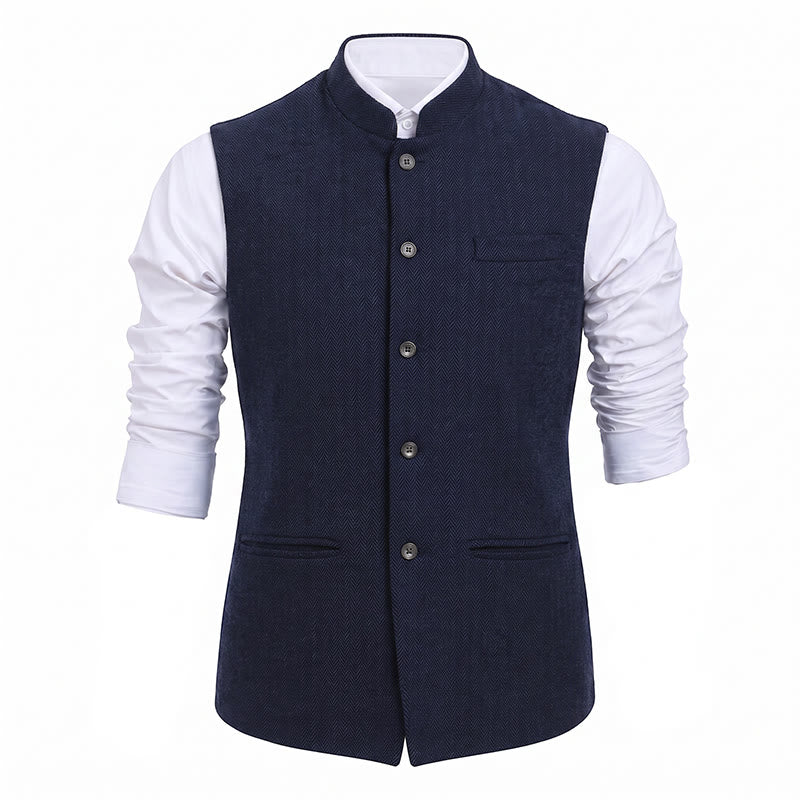 Gilet da uomo in tweed a spina di pesce con colletto alla coreana - image 27