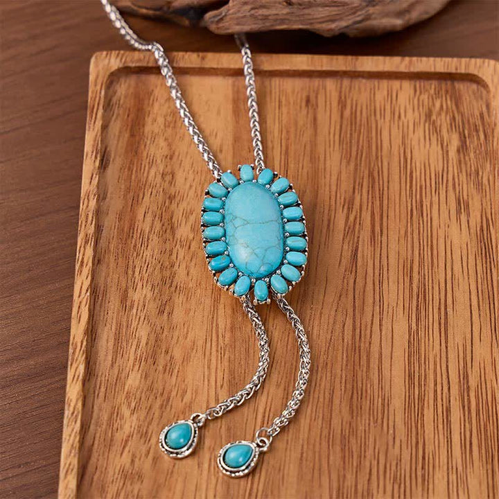 Collana bolo boho ovale turchese con due pendenti a goccia - Argento - image 0