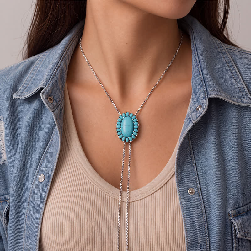 Collana bolo boho ovale turchese con due pendenti a goccia - image 1