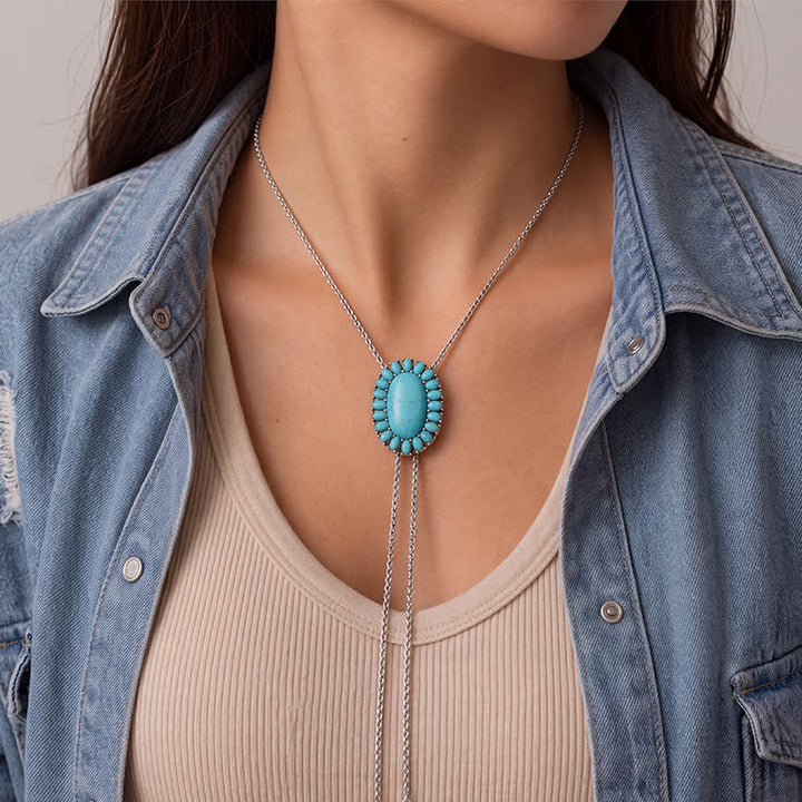 Collana bolo boho ovale turchese con due pendenti a goccia - image 1