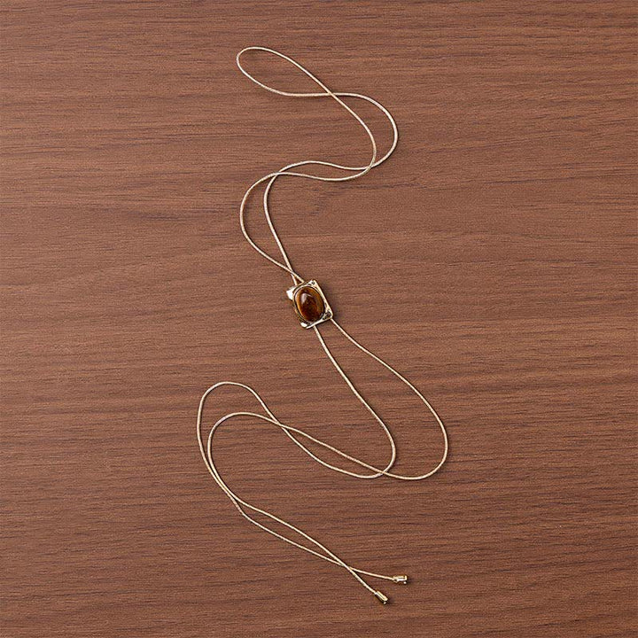 Collana Bolo con ciondolo scorrevole quadrato in occhio di tigre, a forma di Y, con laccio e bolo - image 3