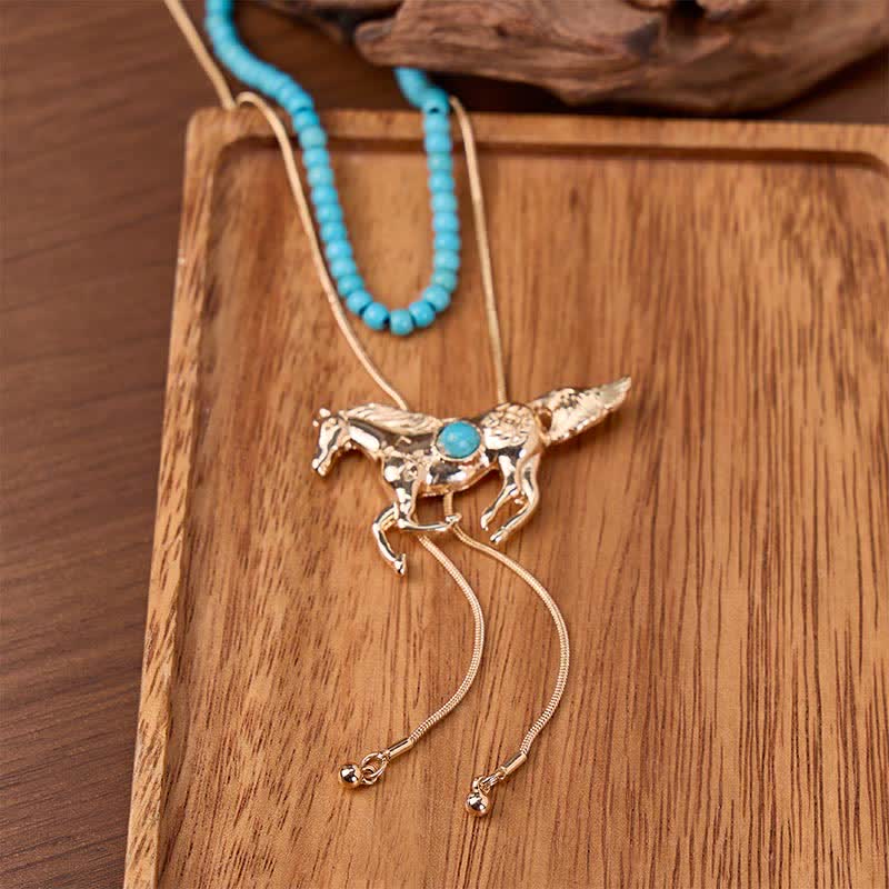 Collana Bolo a due strati con perline e ciondolo a Y "Wild Spirit Horse" - Oro - image 0