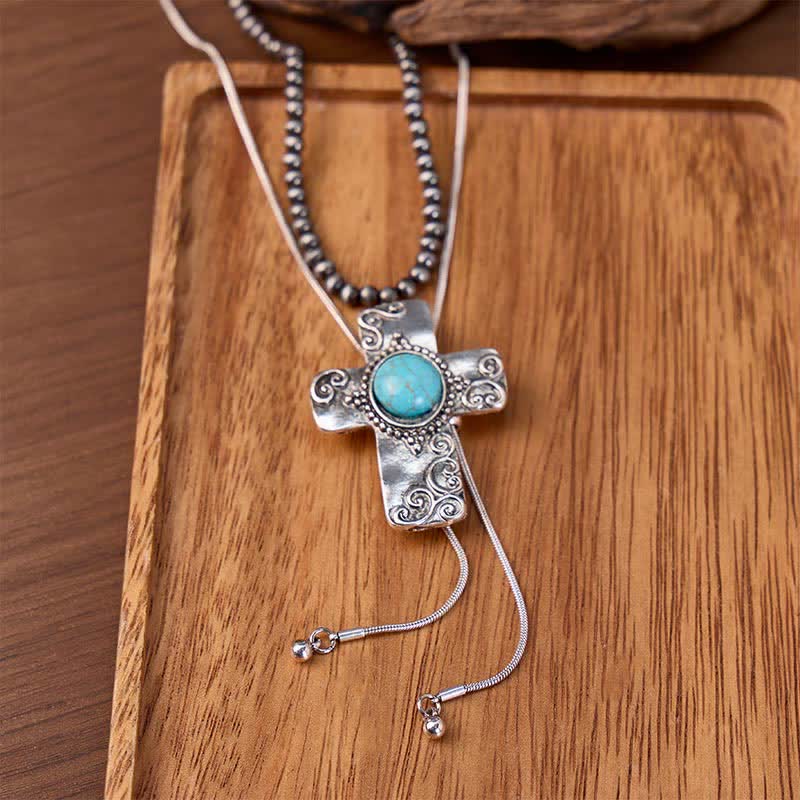 Collana Faith In The West 2 in 1 con croce turchese e ciondolo bolo a forma di Y con perline. - Argento - image 0