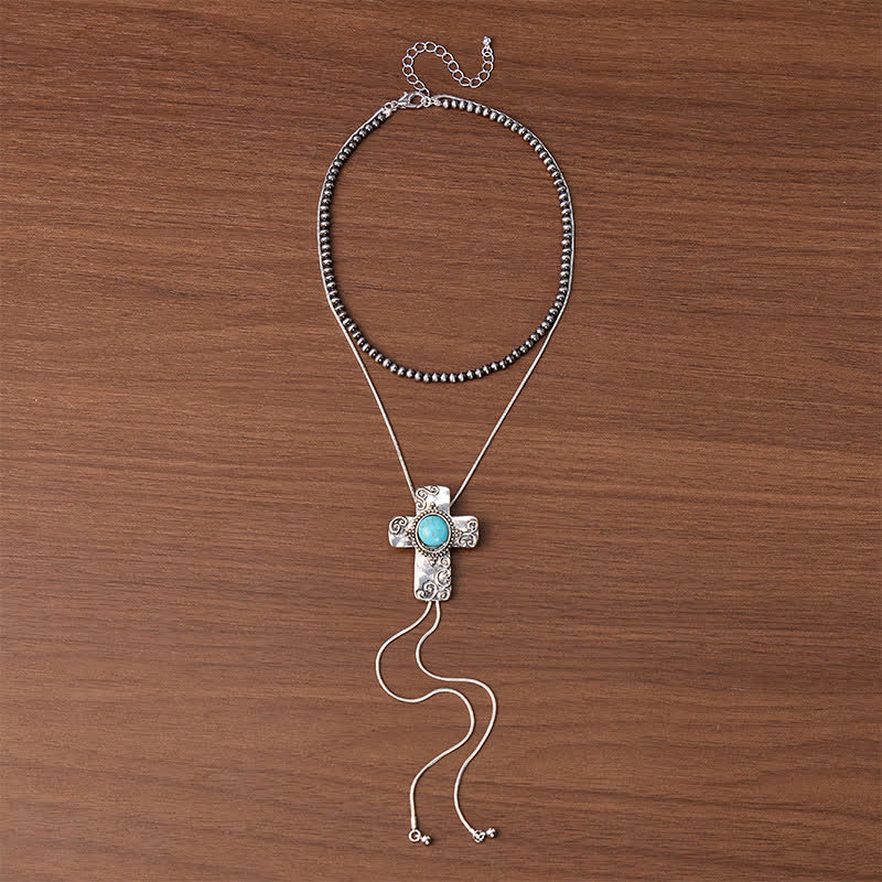 Collana Faith In The West 2 in 1 con croce turchese e ciondolo bolo a forma di Y con perline. - image 3