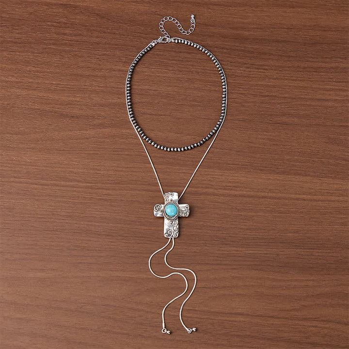 Collana Faith In The West 2 in 1 con croce turchese e ciondolo bolo a forma di Y con perline. - image 3